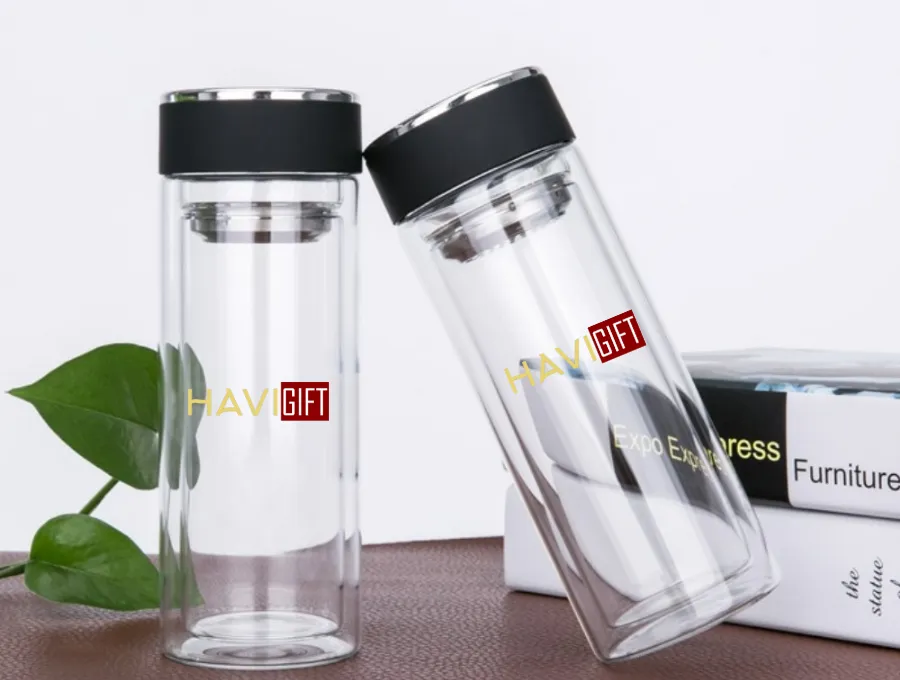 Bình giữ nhiệt thủy tinh trong suốt in logo